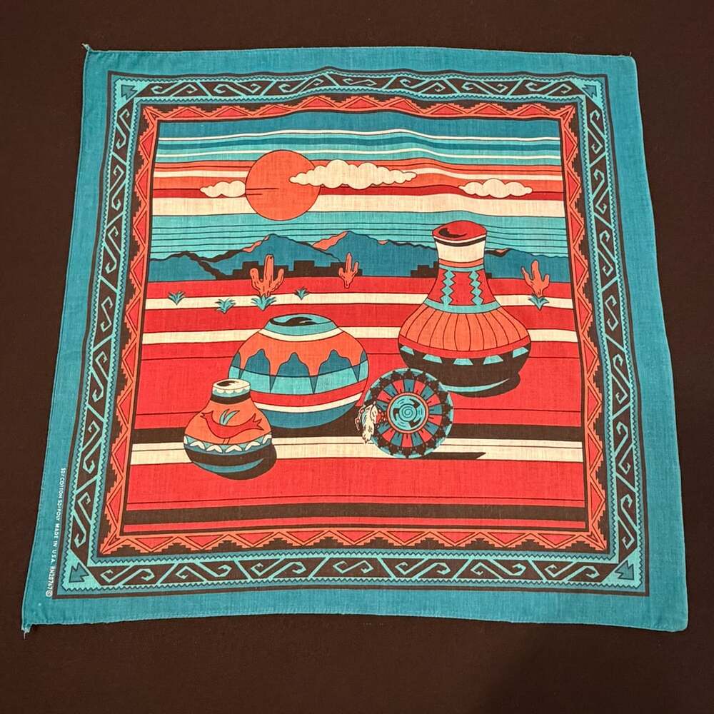 Vintage Southwestern Desert Bandana Turquoise Pottery Motif Native American